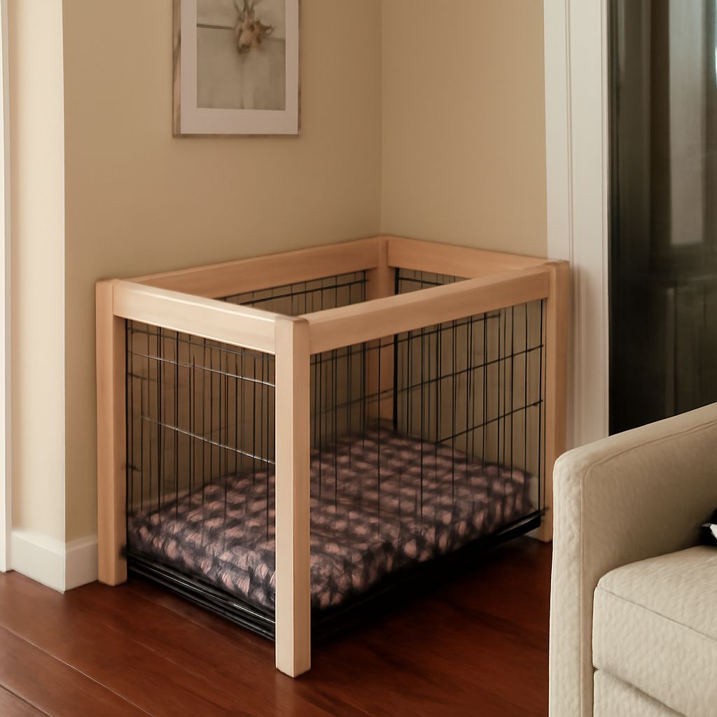 Dog crate cover and DIY dog crate cover with dog crate bowls and plans